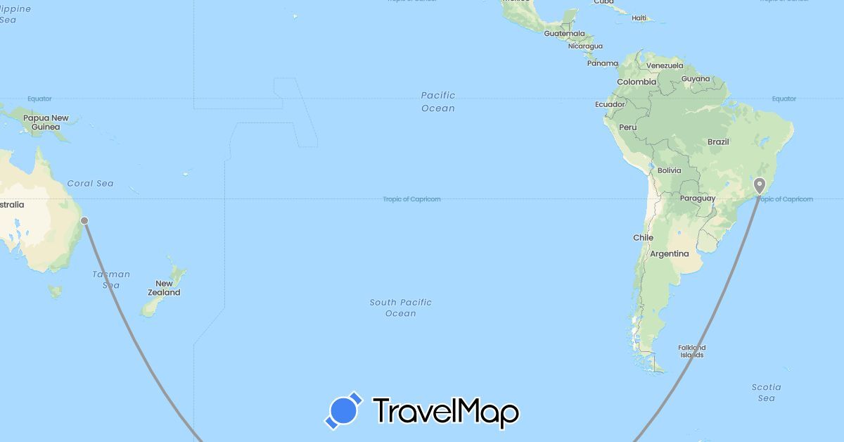 TravelMap itinerary: driving, plane in Australia, Brazil (Oceania, South America)